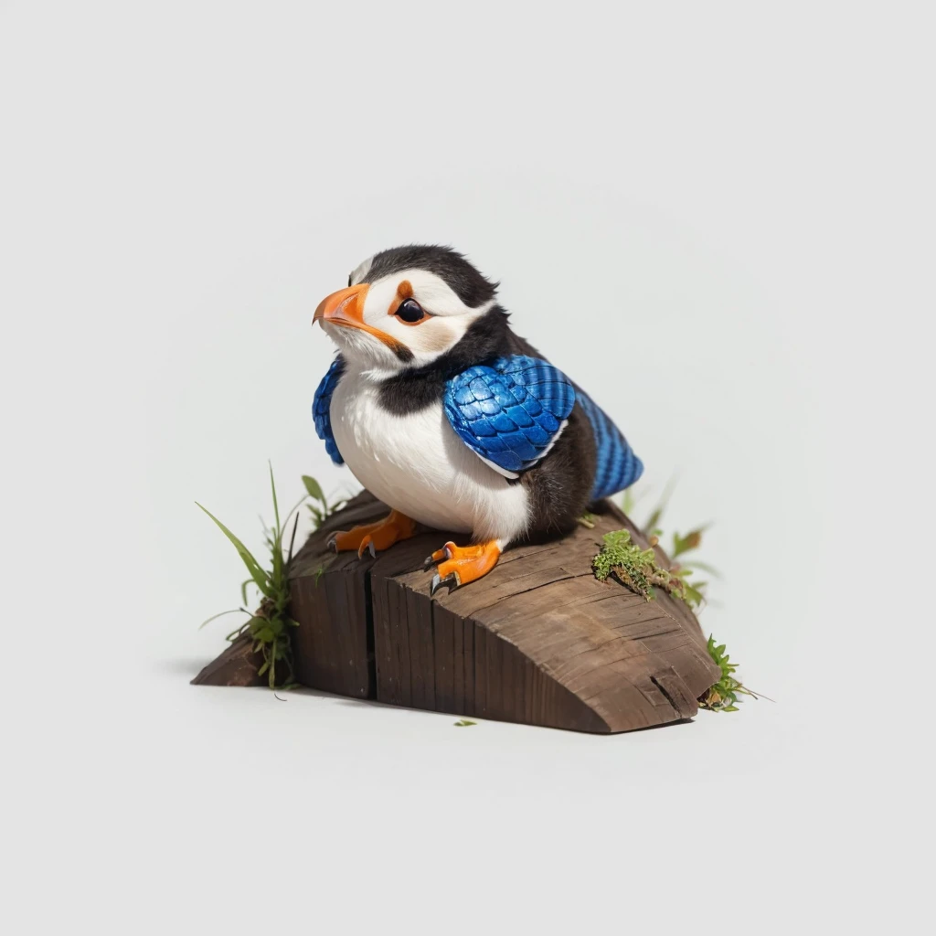 Small Animals, baby Puffin mixed with House lizard, has blue stripes on its body, Grassroots, no background, (has beard), ((no eyes))