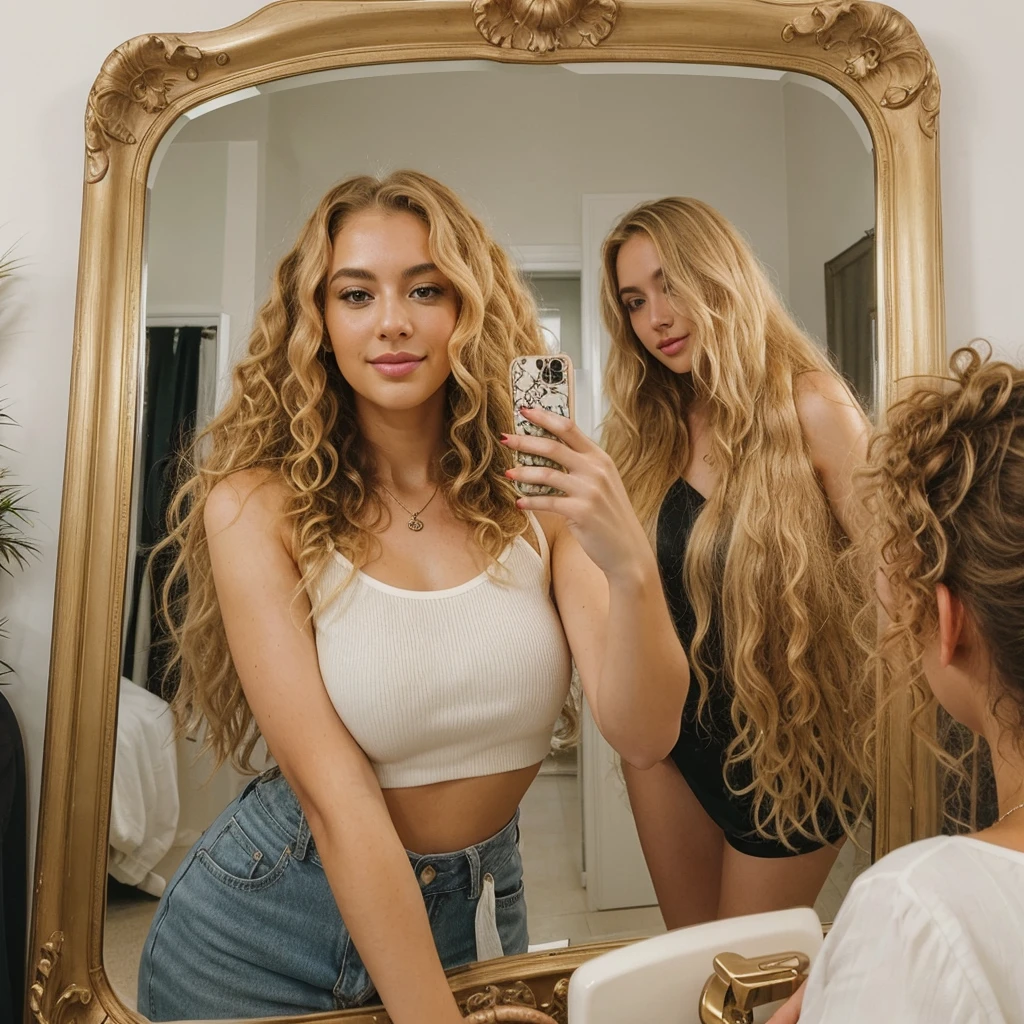 Woman with big curly blonde hair taking a photo of herself in a mirror Instagram photo style 
