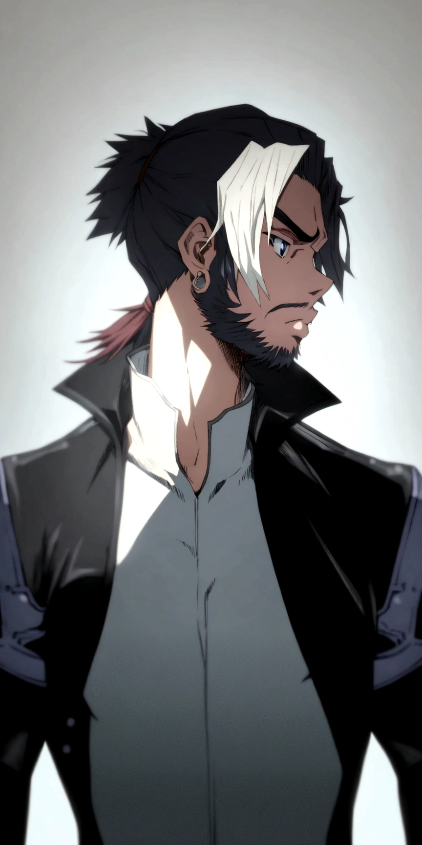 cara de anime com cabelo branco e jaqueta preta olhando para frente, anime homem bonito, estilo de anime masculino, acionar estilo de arte de anime, retrato de anime de um homem bonito, estilo de arte kentaro miura, estilo de anime muito moderno, kentaro miura manga art style, kazuma kaneko, personagem de anime masculino, anime style, personagem de estilo anime, estilo anime 2d