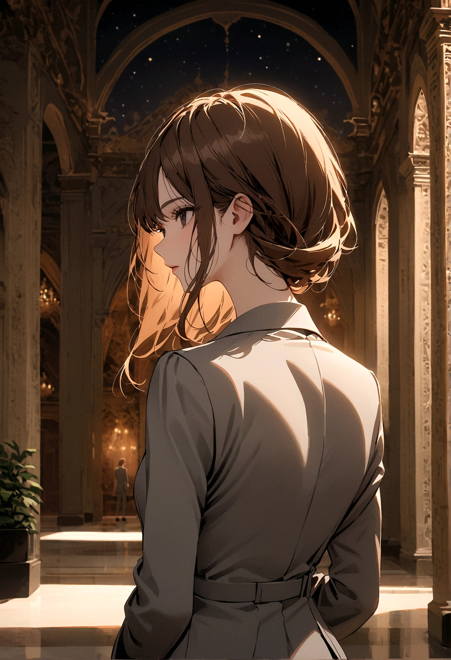 A woman with long brown hair and black eyes wearing a gray suit, her back turned half her face, stood alone in the middle of the palace at night.