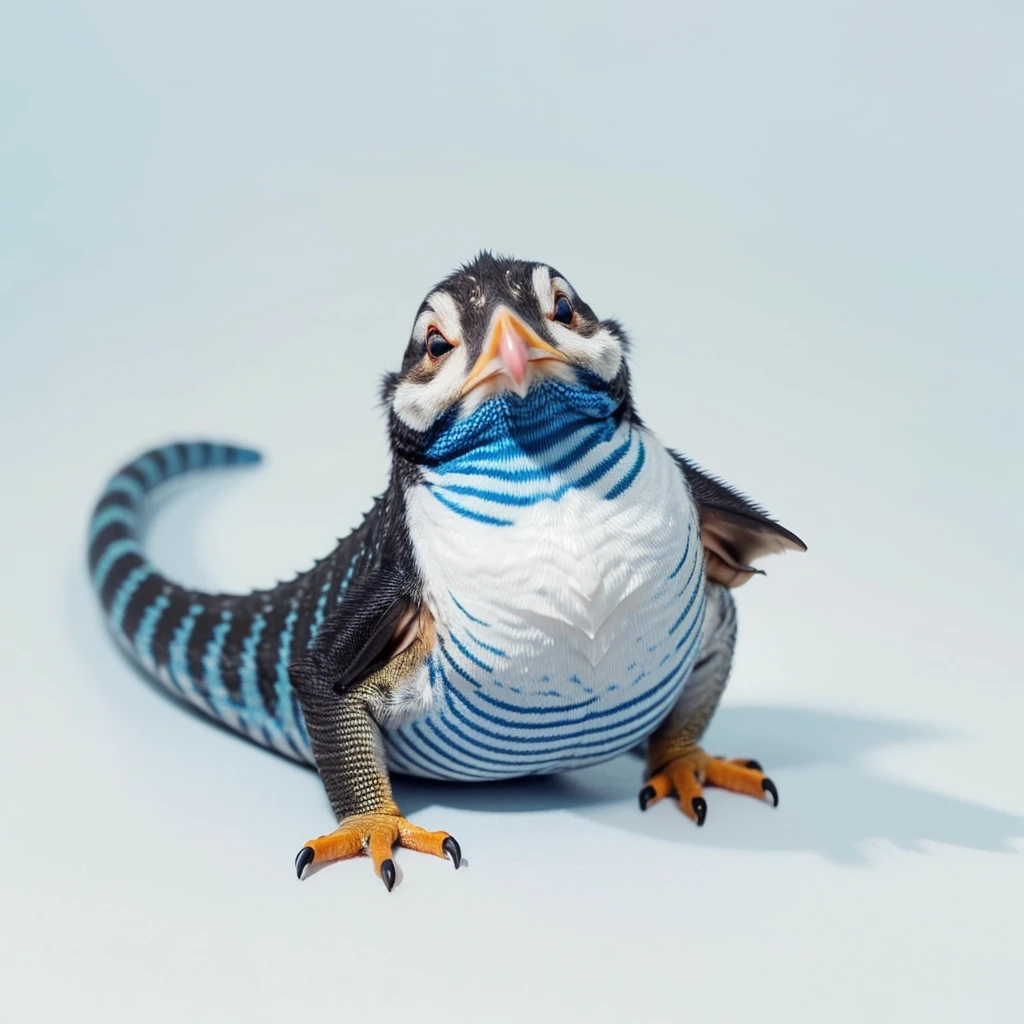 Small Animals, baby Puffin mixed with House lizard, has blue stripes on its body, Grassroots, no background, (has beard), ((no eyes))