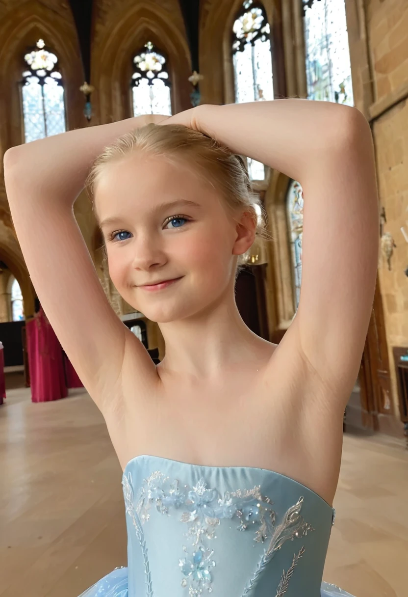 nsfw, Armpit, Phone photo, natural look of girl, wearing ((strapless princees dress)), (((arms behind head))), arms up, armpits, natural light, blue eyes, light blonde hair, arms up, sweaty, at castle main hall, detailed face, detailed armpits, posted at snapchat in 2019, super cute face, pale skin, nip-slip