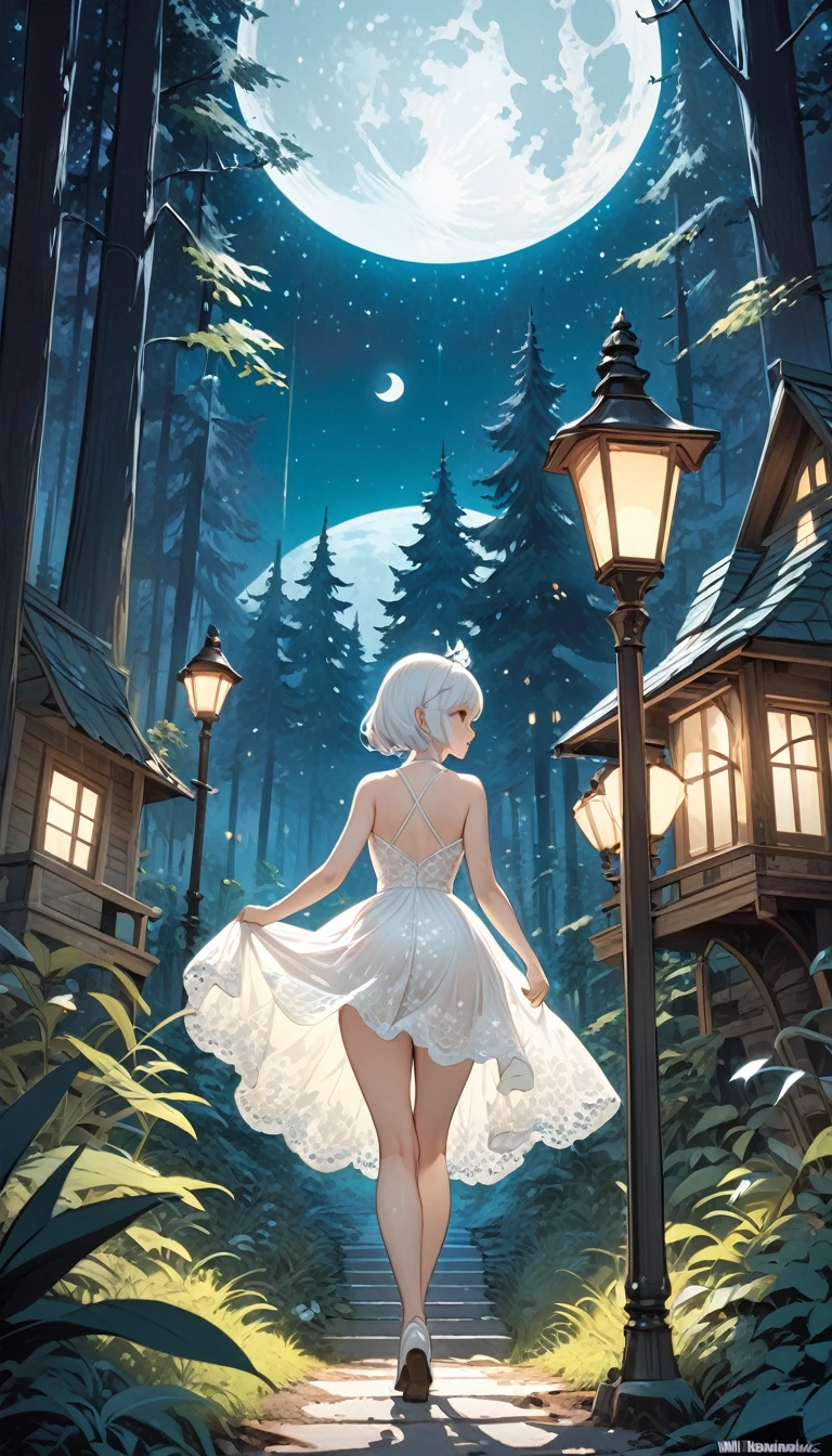 {green and white theme, fantasy world}, 1 girl, alone, alone, white lace dress, looking back, walking in the forest, house, tree, street lamp, moon, starry sky, bright, star\(symbol\ ), pixie, pixiv art, masterpiece, best quality, ultra detailed, whitetown (art inspired by Bill Sienkiewicz)