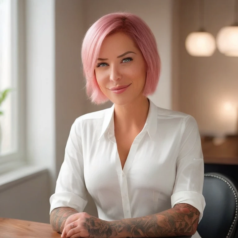 Create a realistic 8K image of Laurence Bedard, the model, with short pink hair, she has blue eyes, dressed in formal attire. She is seated at a dining table indoors, illuminated by subtle indoor lighting. Laurence is depicted with a calm expression, smiling gently and looking away from the viewer, evoking a serene and relaxed atmosphere.