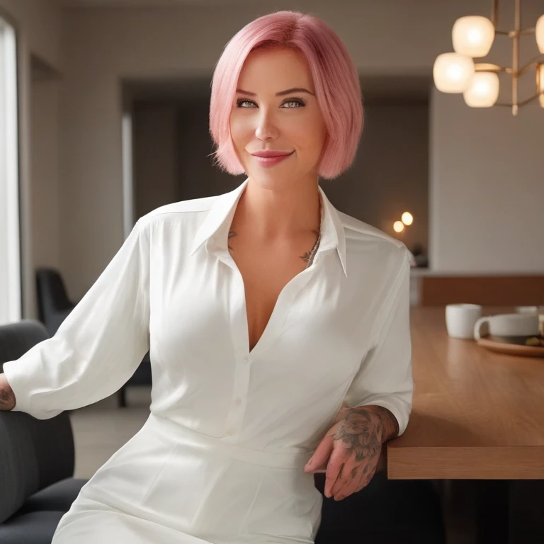 Create a realistic 8K image of Laurence Bedard, the model, with short pink hair, she has blue eyes, dressed in formal attire. She is seated at a dining table indoors, illuminated by subtle indoor lighting. Laurence is depicted with a calm expression, smiling gently and looking away from the viewer, evoking a serene and relaxed atmosphere.