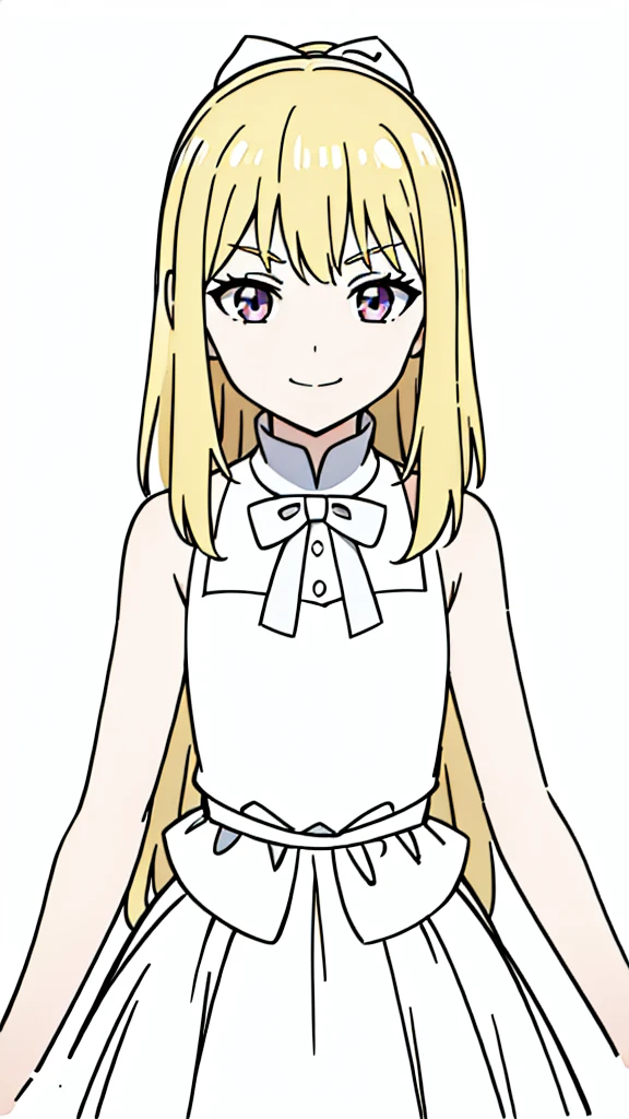 (1girl,8 ,small),blonde hair,long hair, white dress, sleeveless, bow tie, bare shoulders, evil smile,(white background,line drawing),kabedon pov