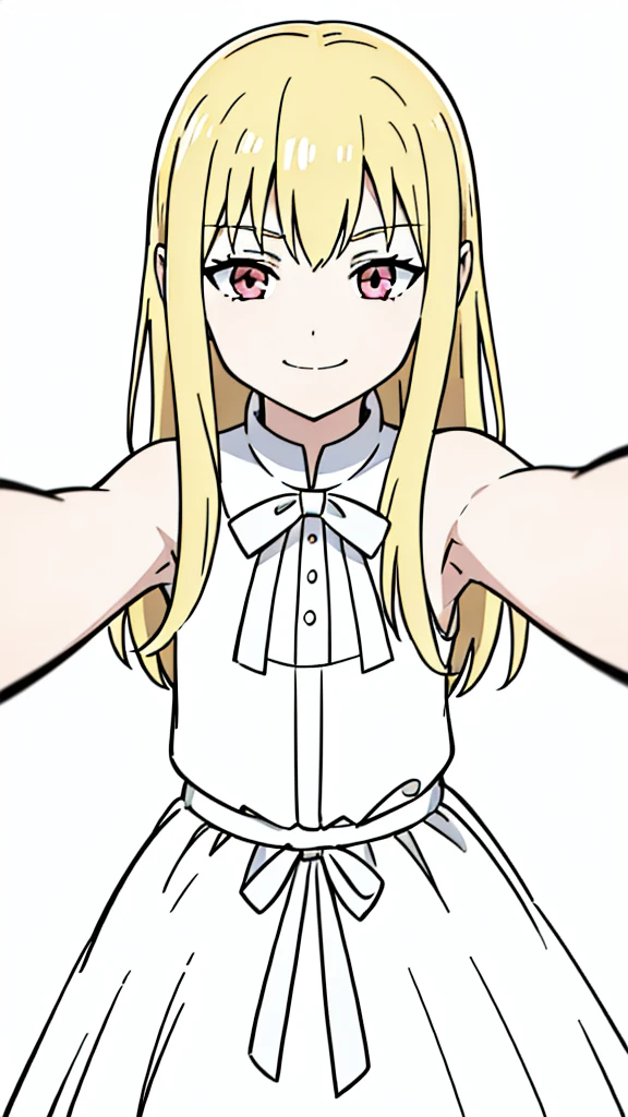 (1girl,8 ,small),blonde hair,long hair, white dress, sleeveless, bow tie, bare shoulders, evil smile,(white background,line drawing),kabedon pov