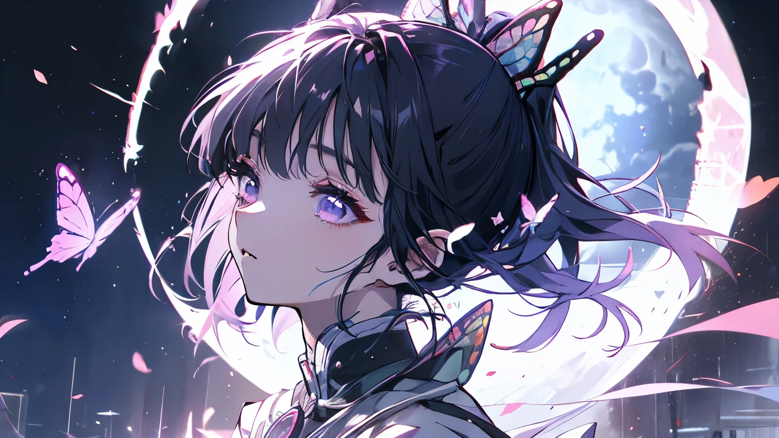 Masterpiece、Kanao、Purple Eyes、ponytail、Butterfly hair fastening、night、full moon、Butterflies fluttering