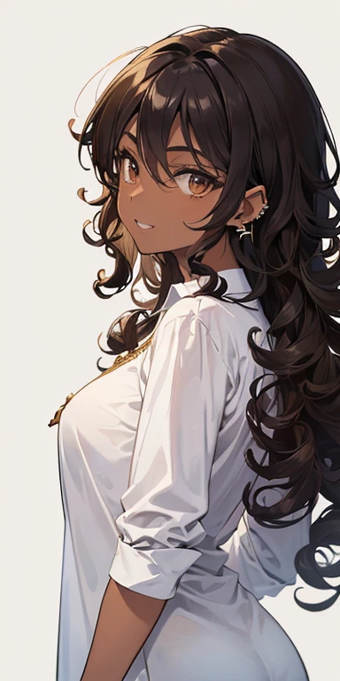 ((masterpiece)), ((Best quality)), ((anime profile style)), ((dark skin)), charming girl, 22 , ((Light brown eyes)), ((ideal)), eyebrow, Nose, ear, ((ear piercing)), mouth, smile, ((teeth showing)), ((Curly hair)), neck, shoulders, ((White long shirt made of the finest silk)), neutral background