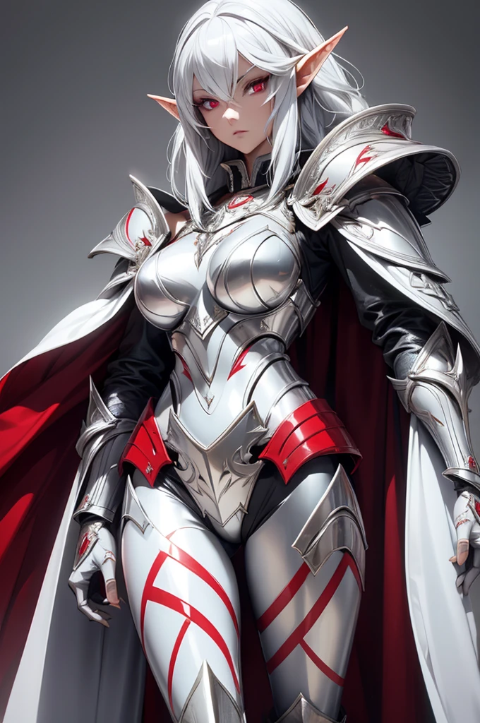 female elf knight, full body art, silver hair, white skin, red iris eye, knight full plate adorned armor, silver cape, perfectly detailed