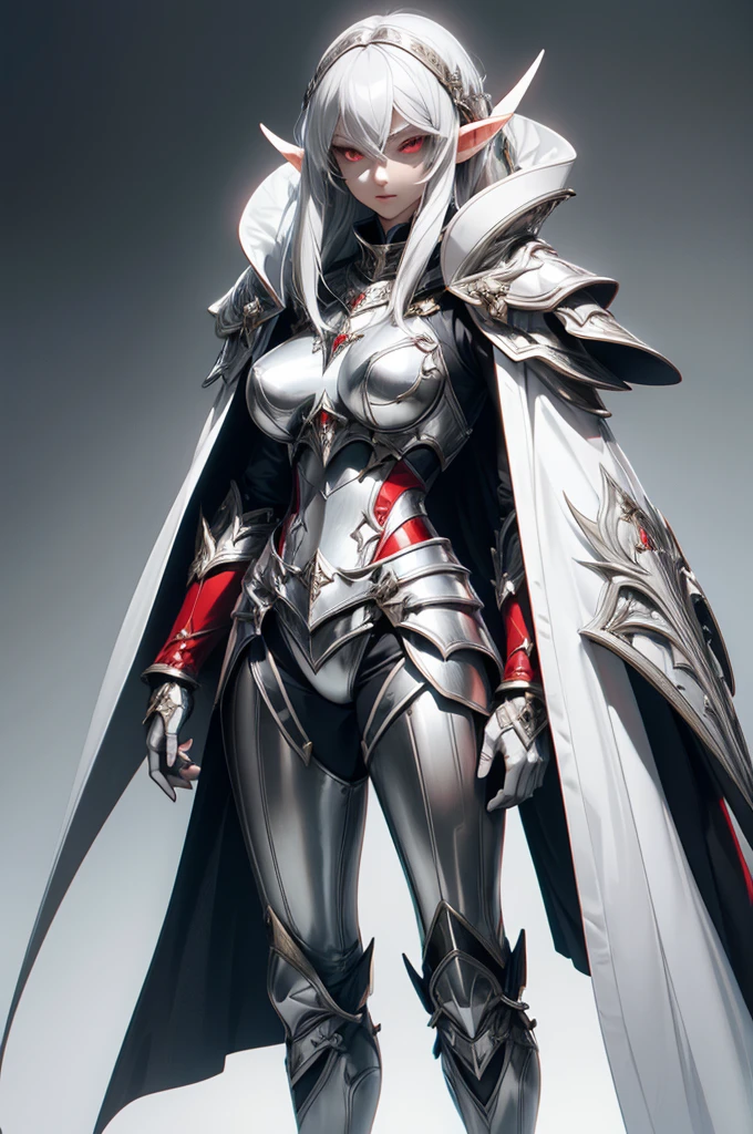 female elf knight, full body art, silver hair, white skin, red iris eye, knight full plate adorned armor, silver cape, perfectly detailed