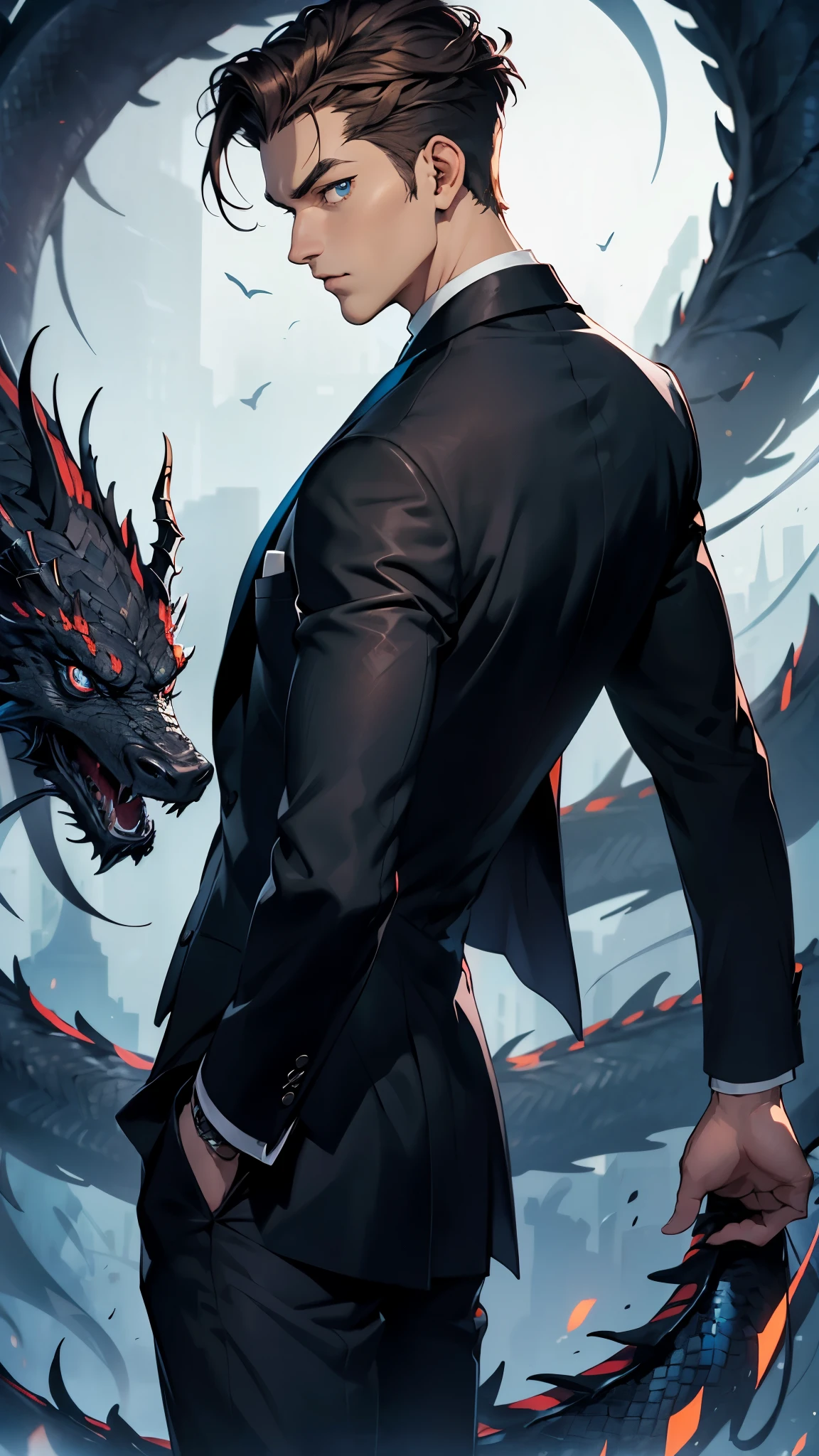 portrait. Half body.look back. A man in a suit has his back to the camera. handsome,Dark portrait. 8K quality., Raw Work, (brown hair),(blue eyes), (Black suit), (background: great black dragon)