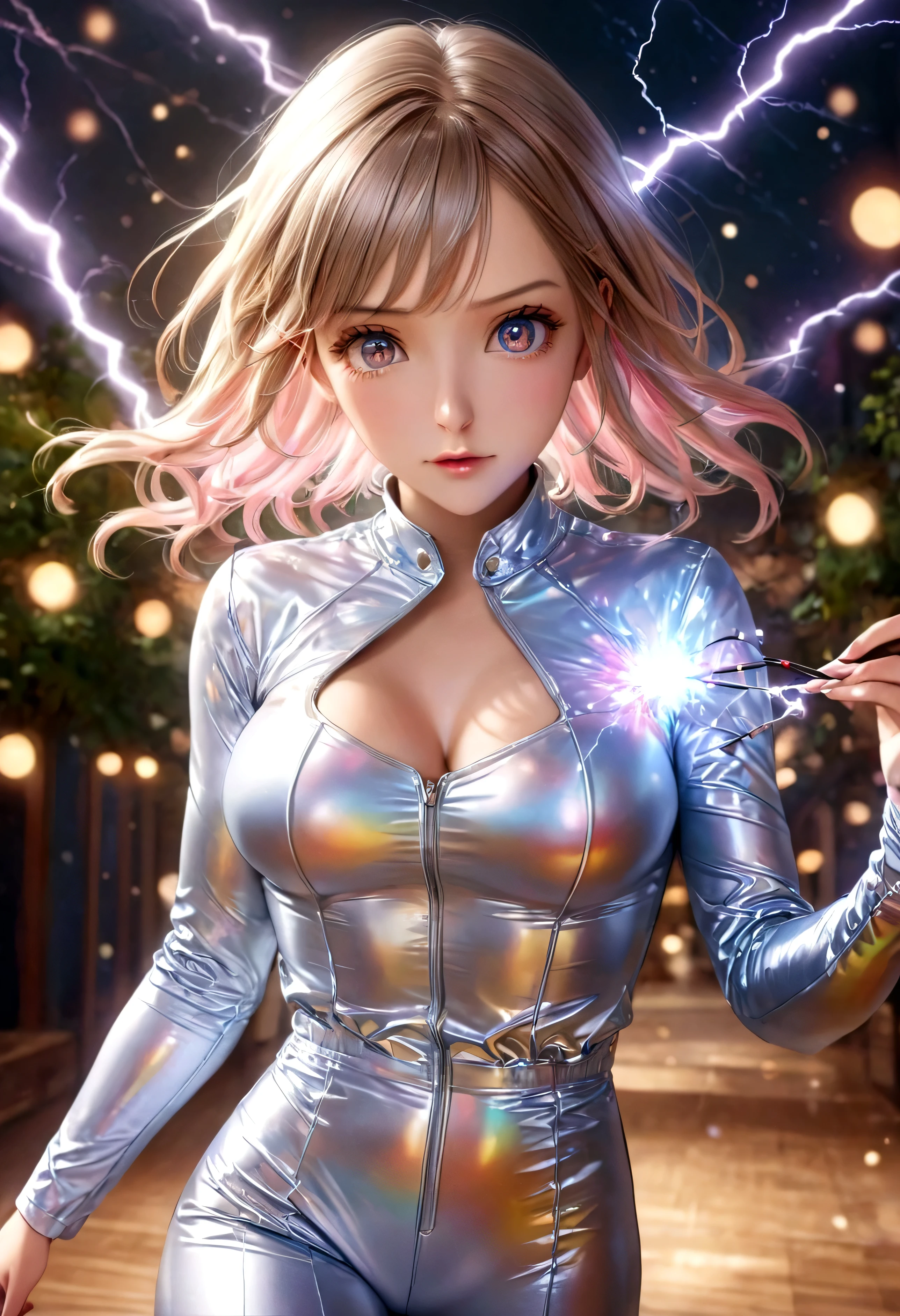 photorealistic Realism 16K Quality, Makeup artists do makeup for celebritieasterpiece:1.2), Best Quality, Masterpiece, hight resolution, Original, extremely detailed wallpaper, perfect lighting,(extremely detailed CGI:1.2), Lightning Girl, Fitted jumpsuit in rainbow colors, Mystical Picture, Lightning flies all around, Magic, (Ultra high resolution absurd quality, extremely detailed details, realistic eyes, clearly sharp, absurd quality, no blur perfect brown_eyes:1.3), ((Film grain, bokeh, light particles ,Dust, Extreme camera angle))

