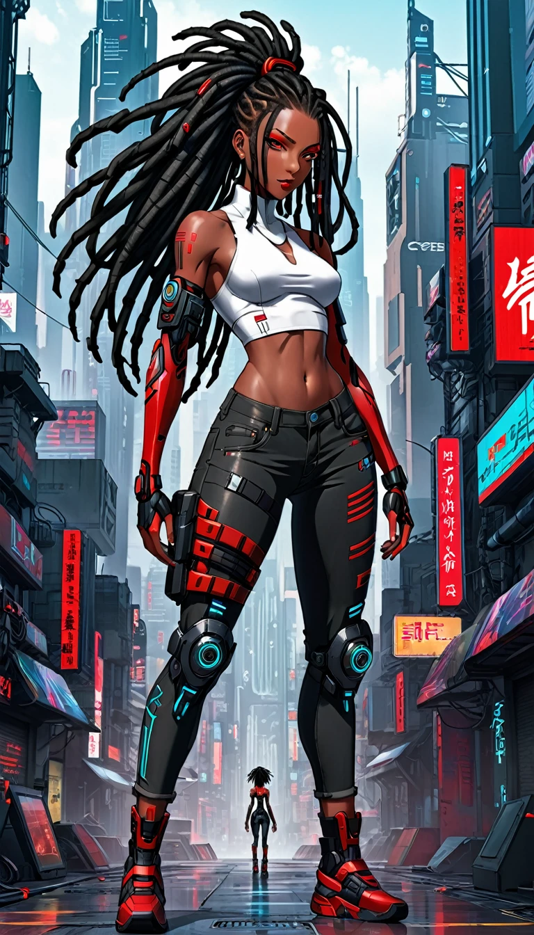 score_9, score_8_up, score_7_up, source_anime, 1 beautyful woman, african skin, big black dreads hair, red cybernetic arms, black cropped, strong body, tall, black jeans, cyberpunk city background, full body