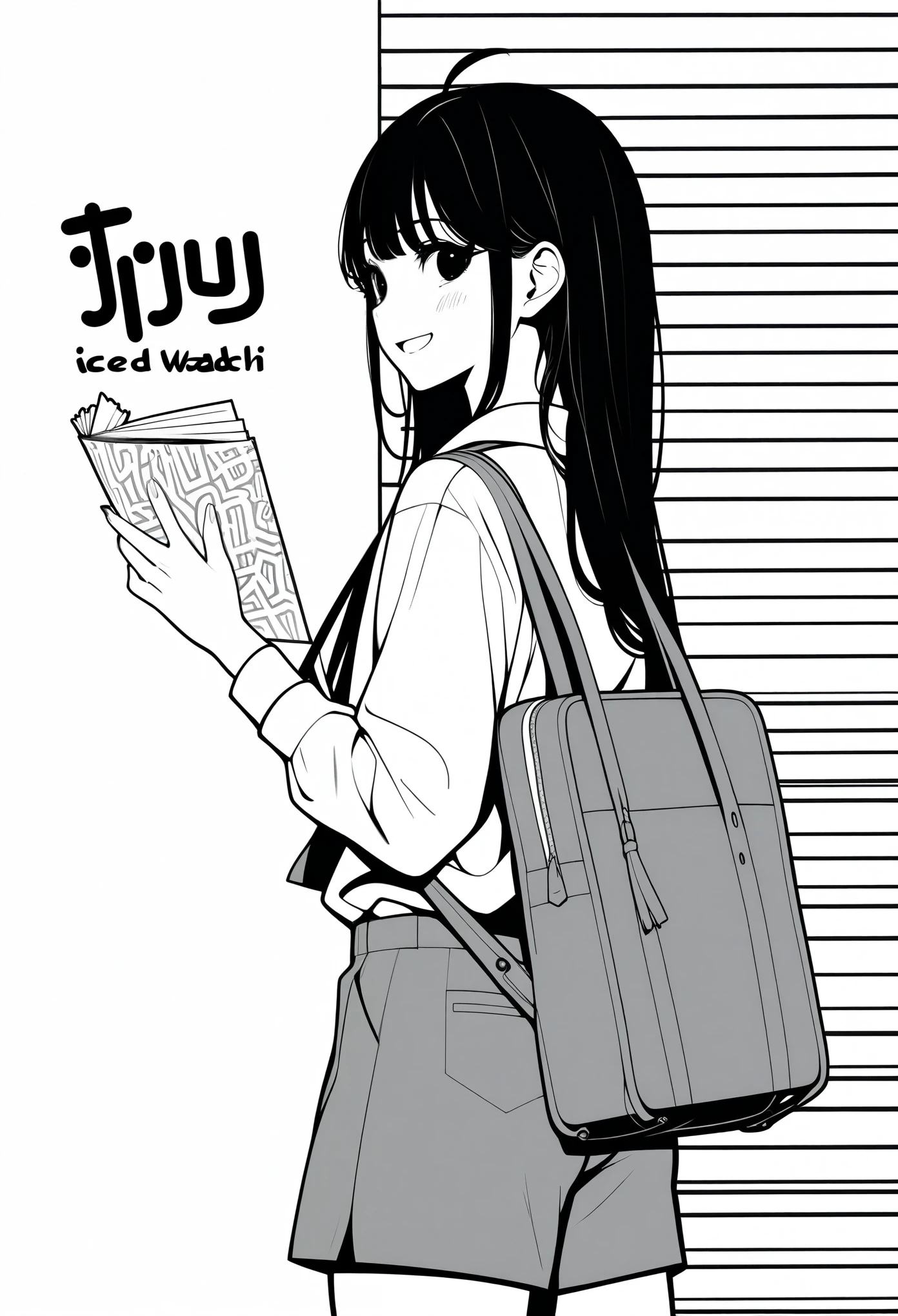 ​masterpiece, best quality, jyt 1girl, grayscale, style: manga, japanese, chi no wadachi, black eyes, street, iced, black hair, schoolbag, smile, lineart, white background, white shirt, grey shorts,
