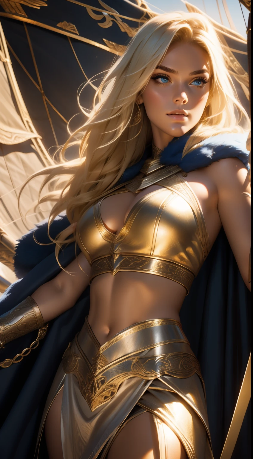 Gorgeous Woman, Valkyrie, Long blonde hair, blue eyes, detailed facial features, proportional hands, proportional fingers, leather armor, fur cape, viking ship,