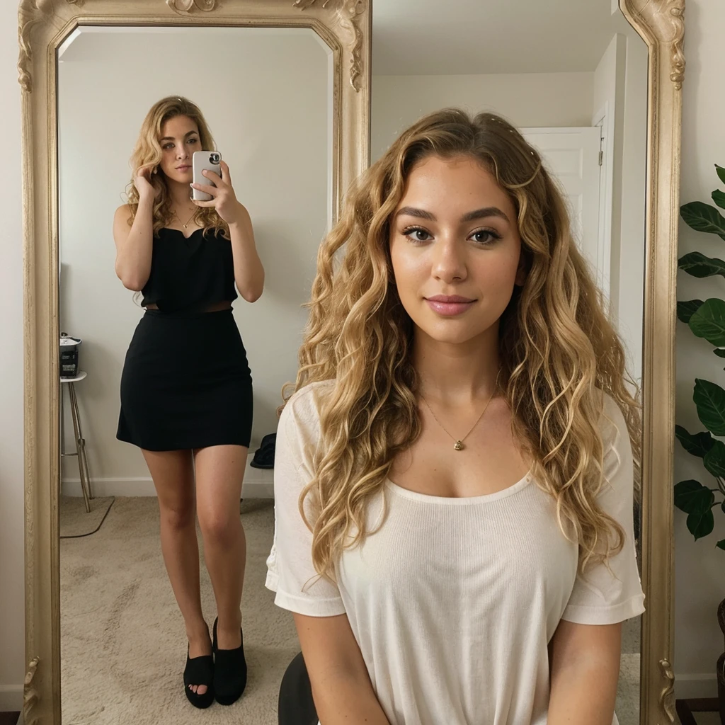Woman with big curly blonde hair taking a photo of herself in a mirror Instagram photo style with an iphone 14