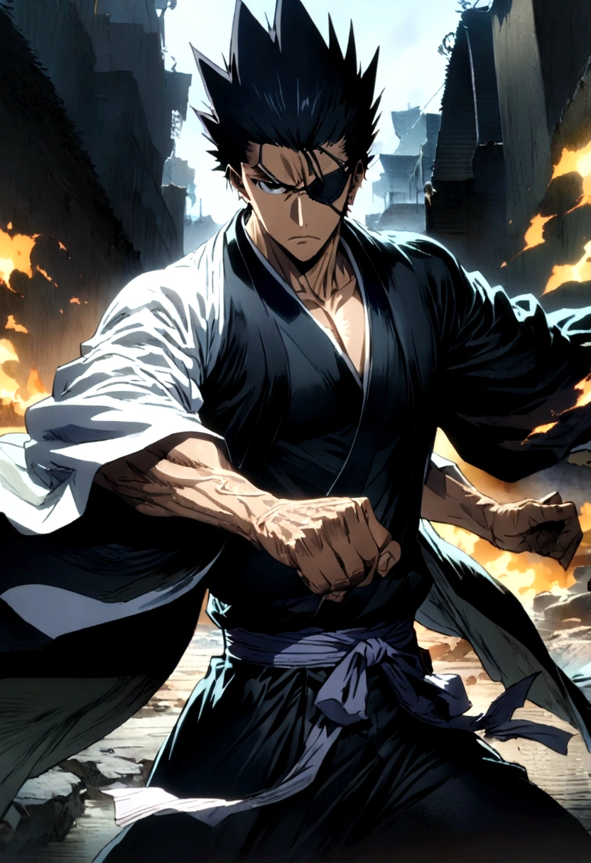 source_anime, 1boy, Zaraki Kenpachi, "BLEACH", solo, male focus, (weapon), outdoor, Battle Stance, serious, black hair, (long spiked hair), japanese clothes, open kimono, pectorals, wide sleeves, (covered eyes, eye patch), anime screenshot, anime screencap, anime coloring, dramatic composition, cinematic lighting, (masterpiece, best quality, Professional, perfect composition, very aesthetic, absurdres, ultra-detailed, intricate details:1.3)
