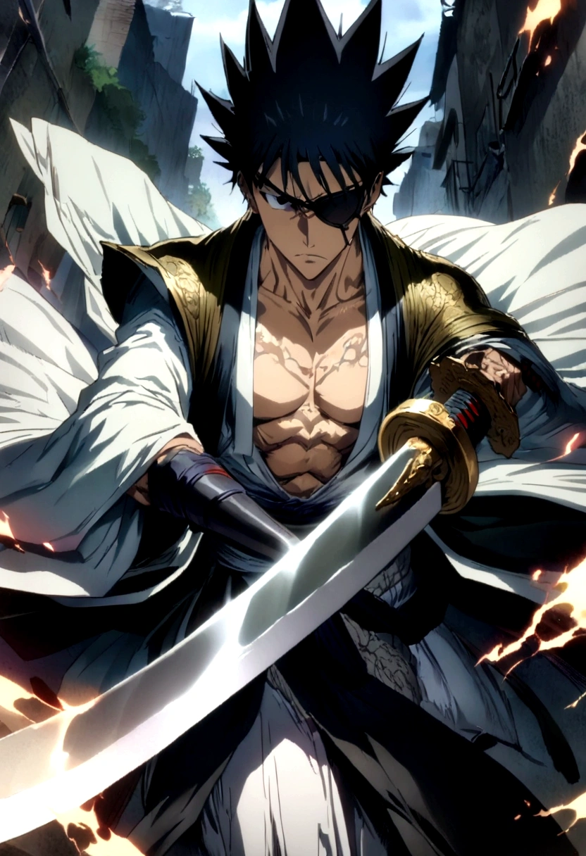 source_anime, 1boy, Zaraki Kenpachi, "BLEACH", solo, male focus, (weapon), outdoor, Battle Stance, serious, black hair, (long spiked hair), japanese clothes, open kimono, pectorals, wide sleeves, (covered eyes, eye patch), anime screenshot, anime screencap, anime coloring, dramatic composition, cinematic lighting, (masterpiece, best quality, Professional, perfect composition, very aesthetic, absurdres, ultra-detailed, intricate details:1.3)