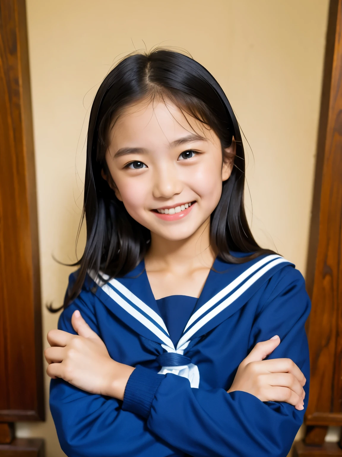 (masterpiece, Highest quality:1.2), One Girl, alone, Sailor suit, dark blue, Long sleeve, smile, ************