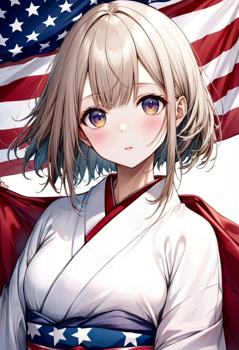 Chica japonesa de pelo blanco ,expresion seria y alegre a la vez,vestida con kimono 👘 conviviendo con un chico estadounidense,de color de pelo de su bandera de estados unidos y usando lentes y expresion alegre