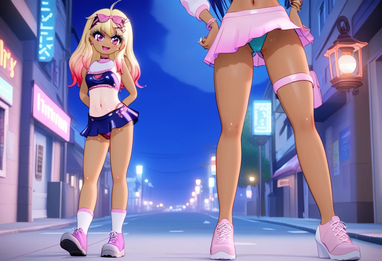 (masterpiece), best quality, highly detailed faces, (SHARP details), 4k, highly detailed, expressive eyes, SHARP detail expressive eyes, (SHARP detail perfect face), By mantis-x, gyaru, young girls, small breasts, playful smile, prostitue, billboards, full body shot, slutty clothes, standing, ((dark skin)), slutty, red light district, long hair, ((nighttime)), (multiple girls), wearing prostitute outfit, skimpy tube top, micro skirt, street, offering sex, lantern, night sky,