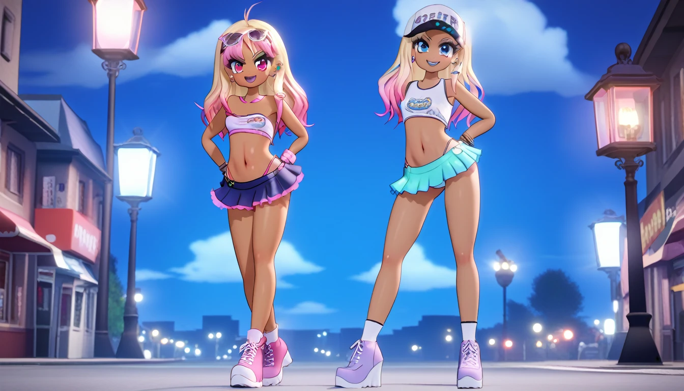 (masterpiece), best quality, highly detailed faces, (SHARP details), 4k, highly detailed, expressive eyes, SHARP detail expressive eyes, (SHARP detail perfect face), By mantis-x, gyaru, young girls, small , playful smile, prostitue, billboards, full body shot, slutty clothes, standing, ((dark skin)), slutty, red light district, long hair, ((nighttime)), (multiple girls), wearing prostit, skimpy tube top, micro skirt, street, offering sex, lantern, nigsky,