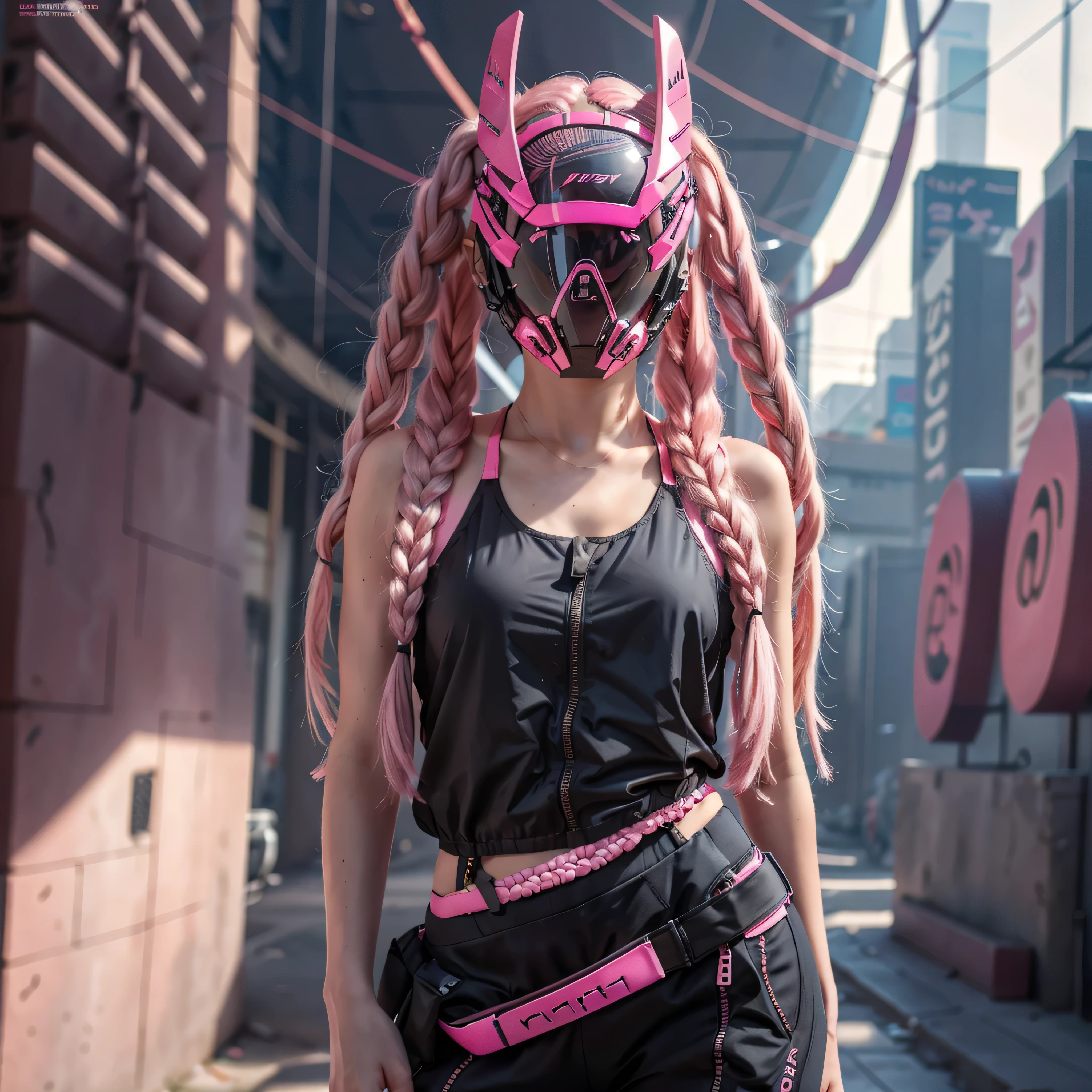 1girl, long pink braided hair, cyber helmet, sexy black tank top, cyber body, white cargo pants, mouth mask, covered mouth, pale skin, Blur background, 8K, Hi-Res