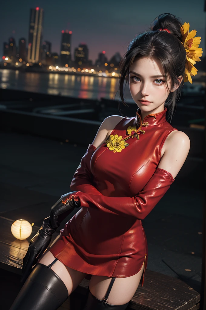 (RAW photo, best quality), (realistic, photo-realistic:1.3), best quality, highly detailed, masterpiece, ultra-detailed, illustration, Cute girl with short black hair, (ponytail), (city roof at night background), low light , green eyes , dark eyeliner, innocent smile, gorgeous face , super cute, 18 years old , young looking, hyper detailed face, dark eyeliner, (medium breast), (thin waist), (bare shoulders, (bare hips), red silk mini dress with yellow flower decoration, qipao, deep black leather thigh high boots, red silk long sleeve gloves with yellow flower decorations
