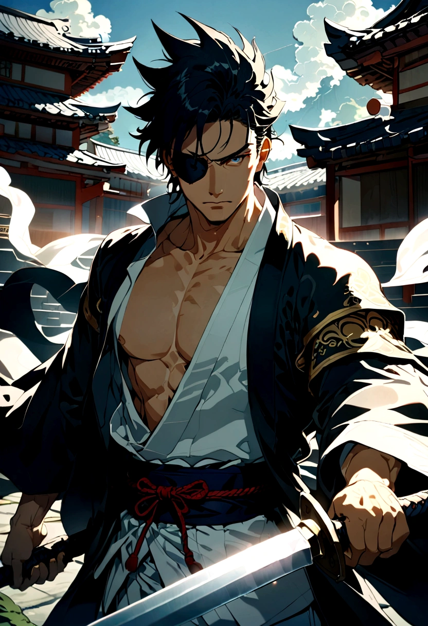 source_anime, 1boy, Zaraki Kenpachi, "BLEACH", solo, male focus, (weapon), outdoor, Battle Stance, serious, black hair, (long spiked hair), japanese clothes, open kimono, pectorals, wide sleeves, (covered eyes, eye patch), anime screenshot, anime screencap, anime coloring, dramatic composition, cinematic lighting, (masterpiece, best quality, Professional, perfect composition, very aesthetic, absurdres, ultra-detailed, intricate details:1.3)