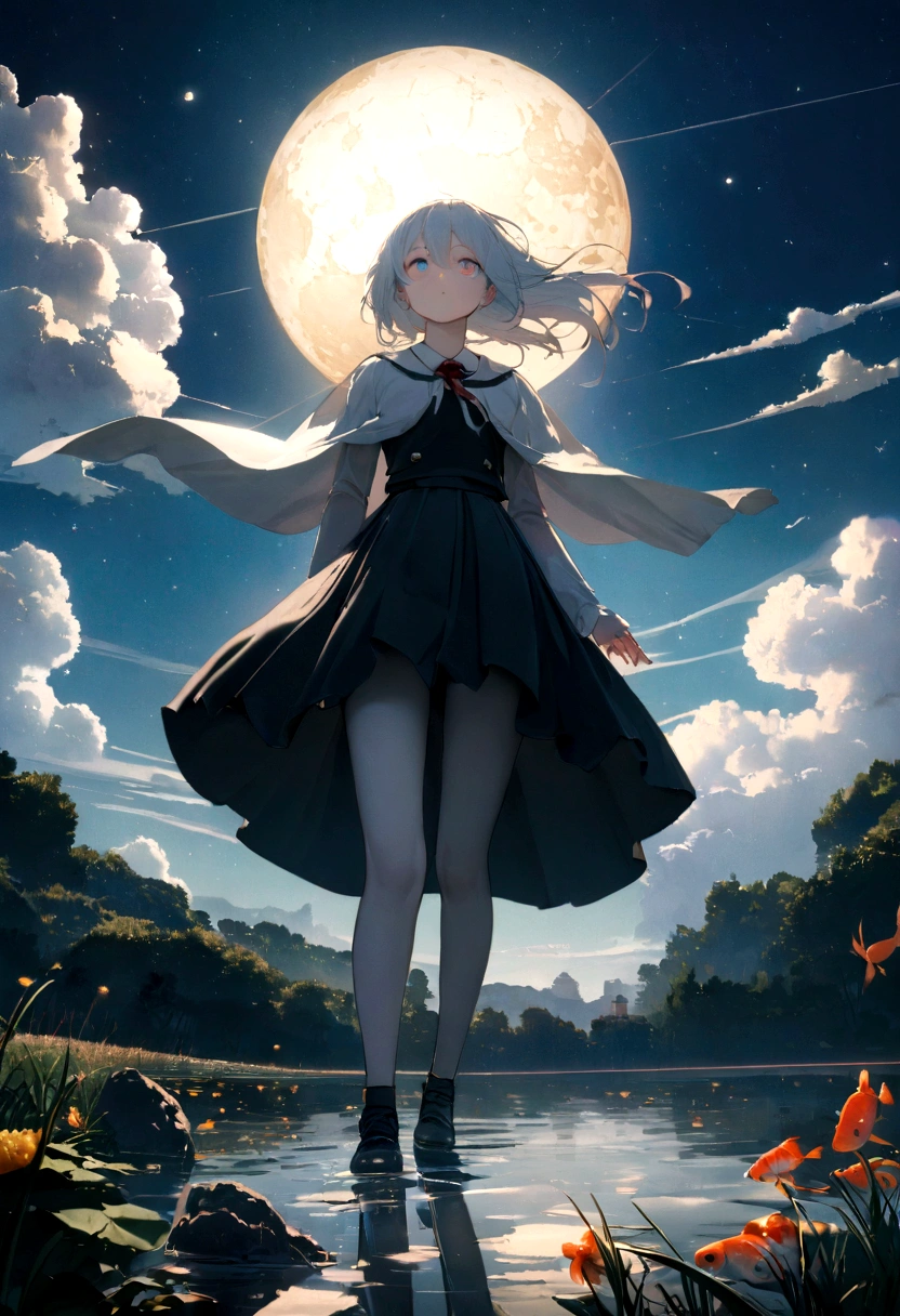 woman\(student, 15 years old, JK, Her short silver hair sways, Space-colored eyes, school black uniform, Pale skin, Tired face、Lack of eye sparkle\) Look up at the sky, Many cute goldfish with shining red scales are swimming in the air., Transparent foam, Like something in the water, Shining all over the sky., Beautiful sky, Beautiful Clouds, there are puddles at ground and the landscape is reflecting beautifully,Summer flowers are blooming everywhere, I see the wind blowing and shining, There is a noon moon and a noon star in the sky,From below, break ,quality\(8k,非常に精細なCGユニットのwallpaper, masterpiece,High resolution,top-quality,top-quality real texture skin,Surreal,Increase the resolution,RAW Photos,最高quality,Very detailed,wallpaper,Cinema Lighting,Ray Tracing,Golden Ratio\),(Long Shot),landscape,