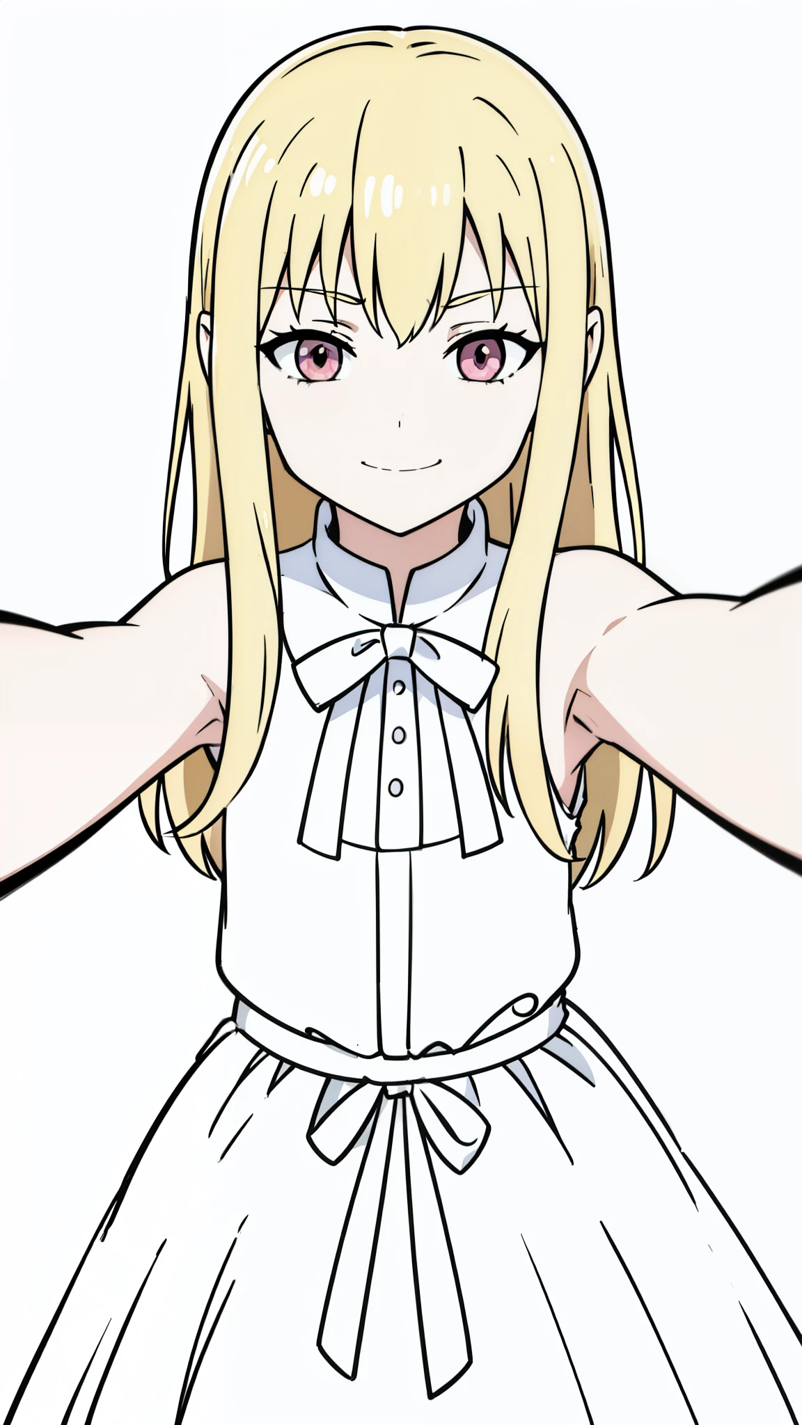 (1girl,,small),blonde hair,long hair, white dress, sleeveless, bow tie, bare shoulders, evil smile,(white background,line drawing),kabedon pov