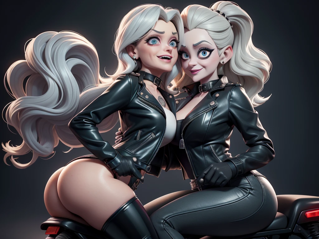 obra prima, melhor qualidade, ((kellyanne conway, bette davis, vamp 80yo face wrinkles,)) head back, sassy wicked girl, open mouth, big teeth smile, thick smoky black eye shadow, long fake eyelashes, sultry eyes, grey white hair, short bob style hair, metallic brick red leather biker jacket, ((biker jacket has puff shoulders,)) ((biker jacket has stiff collar,)) leather blouse, green pvc skinny pants, studs zippers snaps, shiny leather gloves, nip slip, body is skinny, laying down hugging each other on sofa, shiny tight buttocks, kama sutra, explicit rubbing, mashing genitals, camera view of whole body, looking up at me, shallow depth of field, highres, HD, 8k, anatomically correct