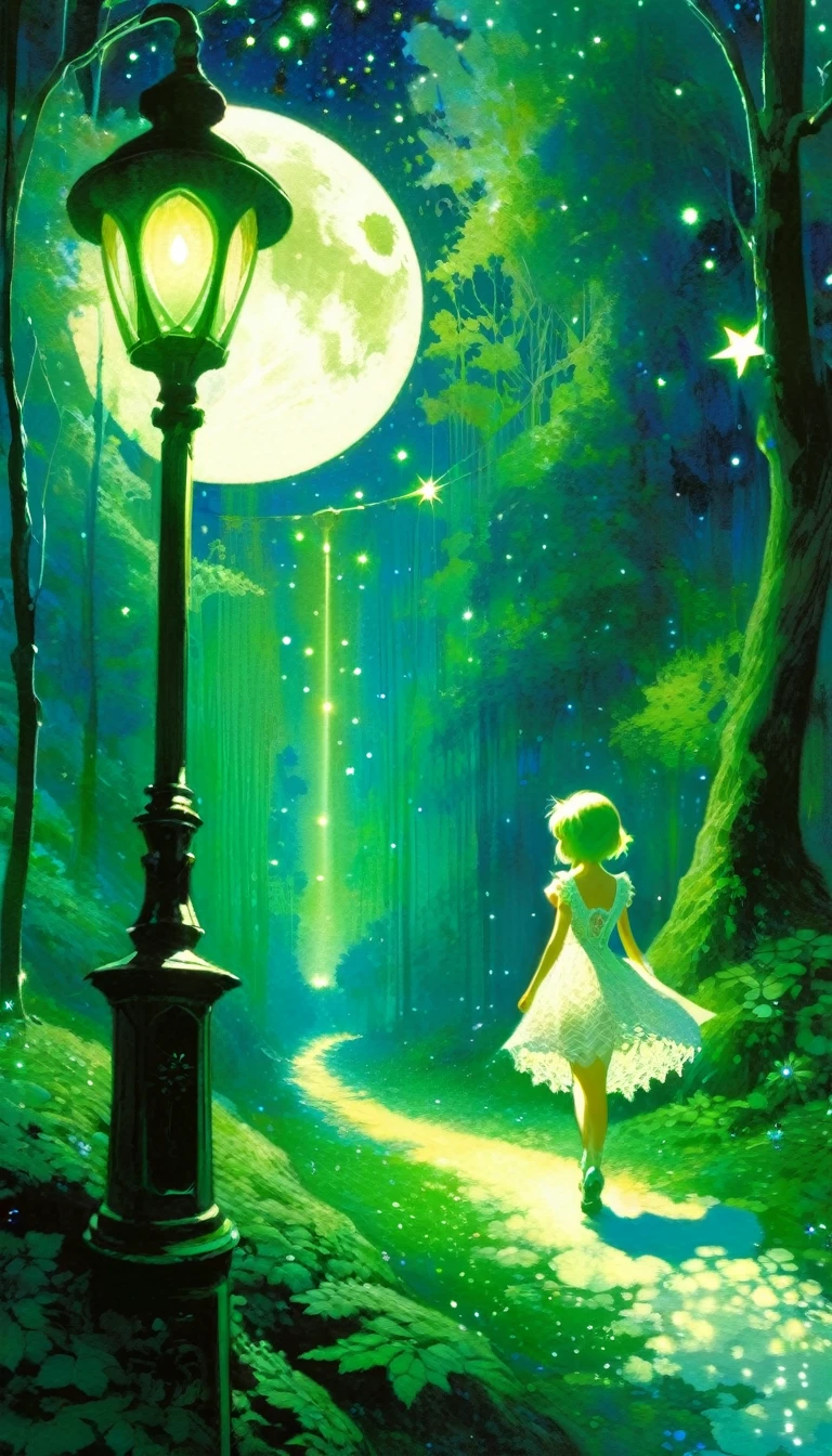 {green and white theme, fantasy world}, 1 girl, alone, alone, white lace dress, looking back, walking in the forest, house, tree, street lamp, moon, starry sky, bright, star\(symbol\ ), pixie, pixiv art, masterpiece, best quality, ultra detailed, whitetown (art inspired by Bill Sienkiewicz). oil painting)
