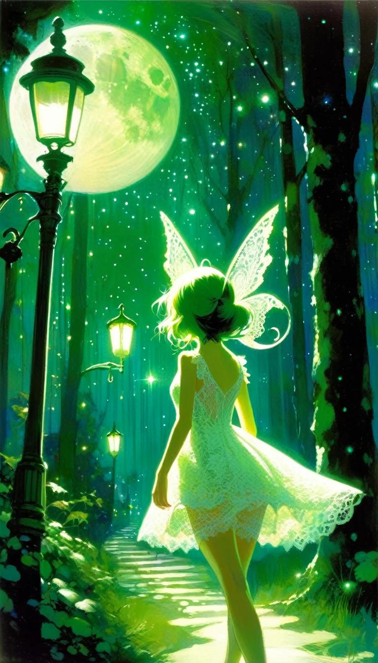 {green and white theme, fantasy world}, 1 girl, alone, alone, white lace dress, looking back, walking in the forest, house, tree, street lamp, moon, starry sky, bright, star\(symbol\ ), pixie, pixiv art, masterpiece, best quality, ultra detailed, whitetown (art inspired by Bill Sienkiewicz). oil painting)