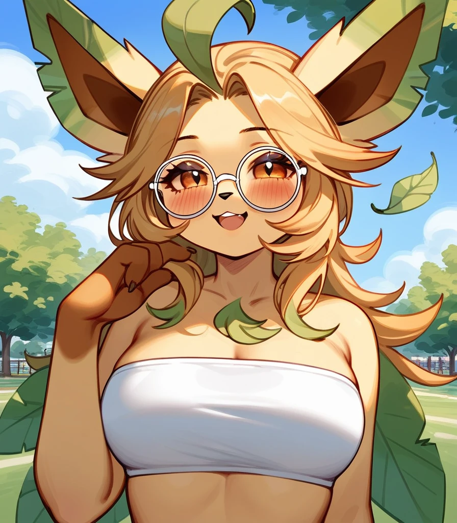 score_9,score_8_up,score_7_up, anthro furry female leafeon Pokemon, tall, wearing hippie bandeau, big round glasses, eyes half opened, bored eyes, smiling softly, mouth open, outdoors, at a park, blushing, portrait