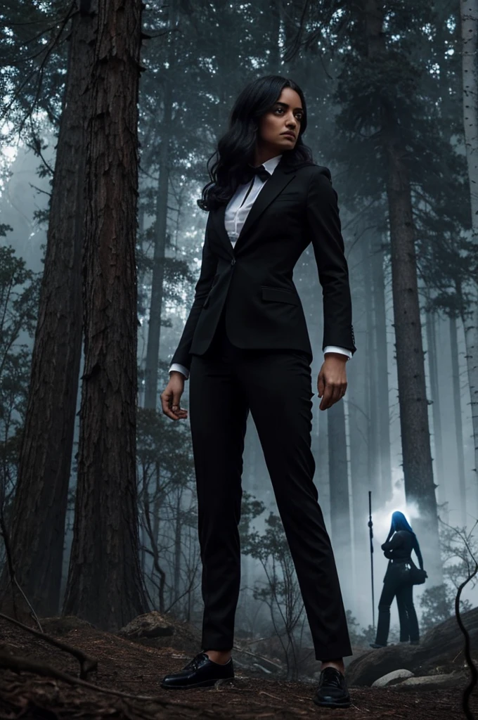 Chica alta, pelo negro y ojos azules, ojeras, franela blanca junto a unos pantalones negros campanas, cabello desordenado, while she is drawing in a terrifying black forest while a tall white, faceless figure in a black suit and tentacles watches her in the distance.