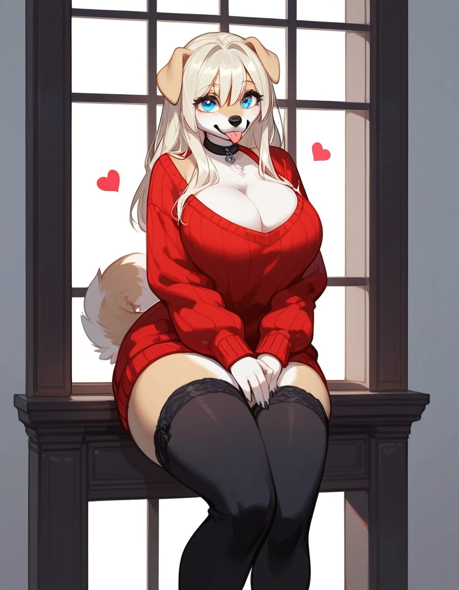 Solo, score_9,score_8_up,score_7_up, source_furry, an Anthro furry borzoi girl, female canine, long snout, black nose, black lips, blue eyes, long platinum blonde hair with a top knot, tall and curvy, wear only oversized red sweater, cleavage window, long sleeves covering hands, black thigh high socks, blep, playfully sticking tongue out, little cute hearts around her, simple background