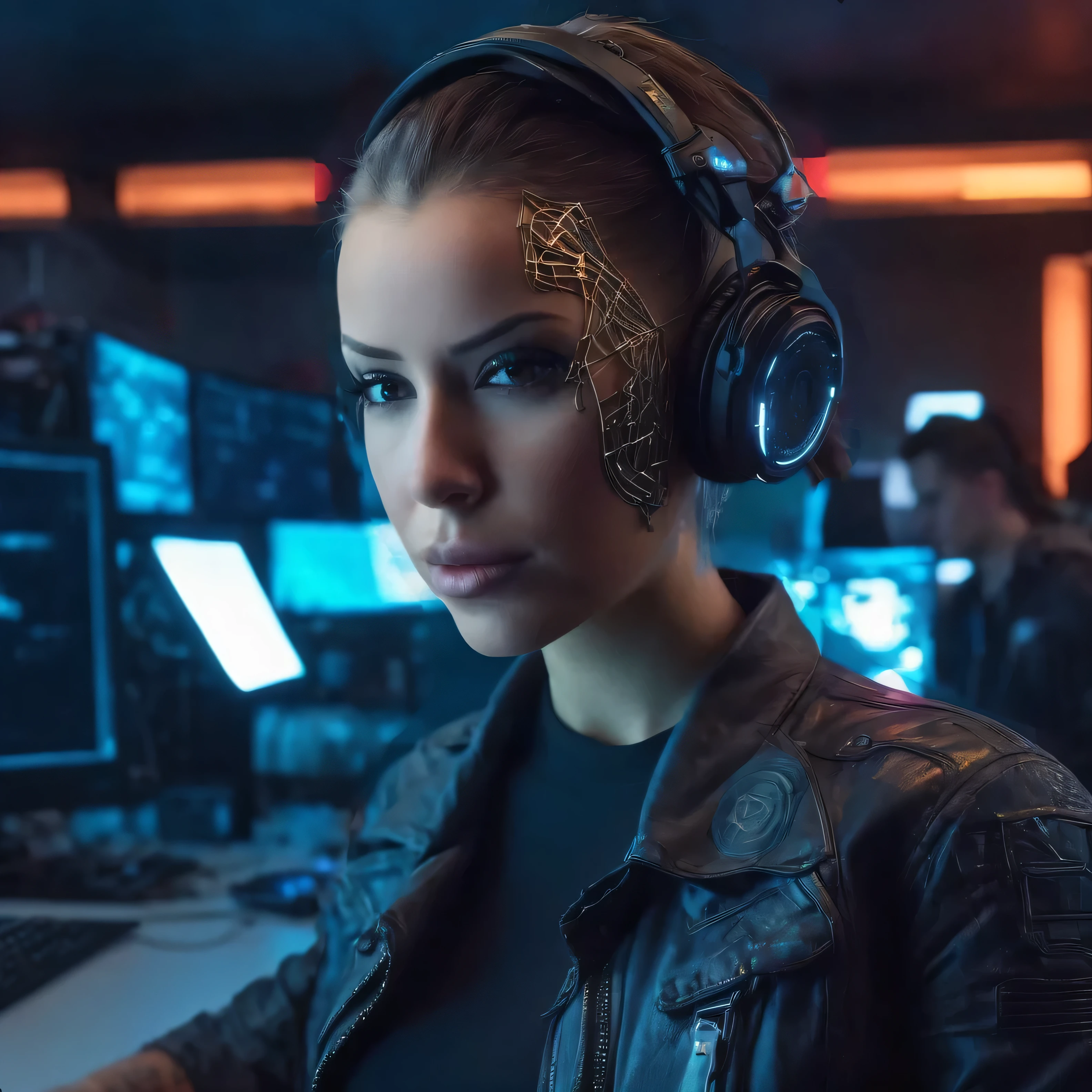 A high-tech hacker den filled with computer screens, servers, and futuristic gadgets, reflecting the digital world of hacktivism.