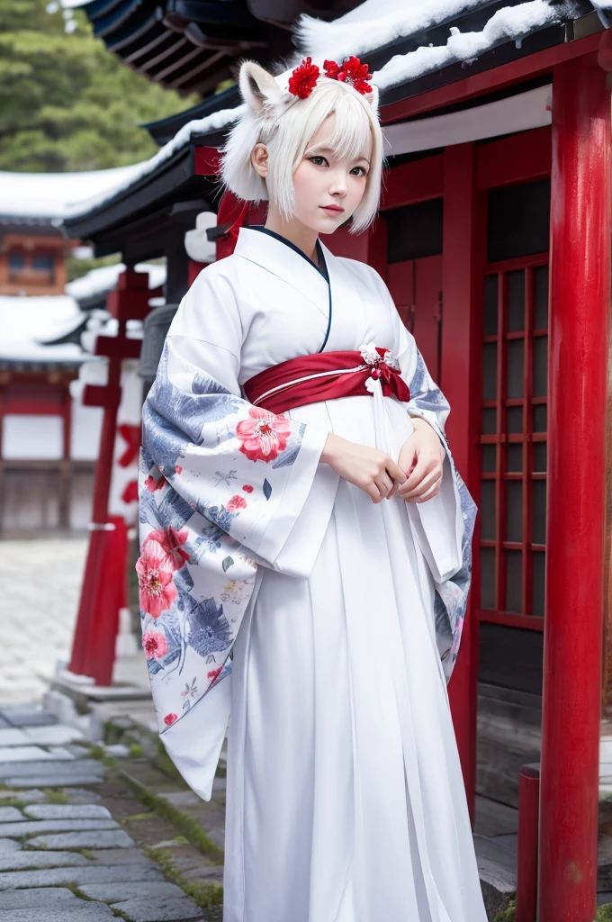 arctic fox、Japanese women、Shrine maiden、8K、4K60、shrine、(((9 White Tails)))、Kimono with floral pattern