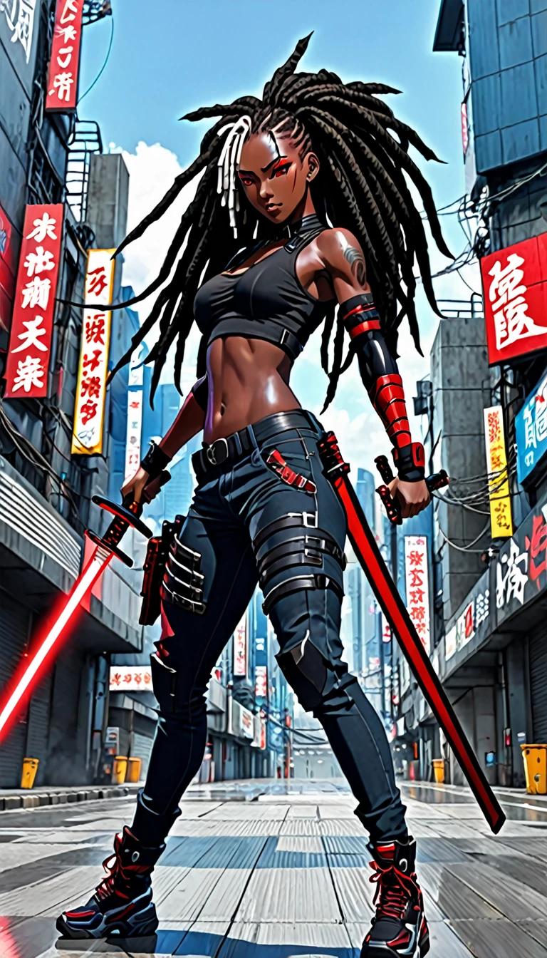 score_9, score_8_up, score_7_up, source_anime, 1 beautyful woman, african skin, big black dreads hair, red cybernetic arms, black cropped, holding red katana, fighting, strong body, tall, black jeans, cyberpunk city background, full body