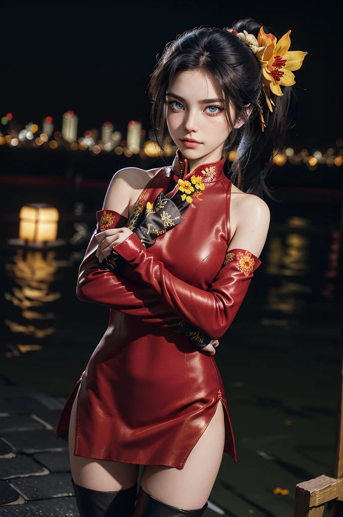 (RAW photo, best quality), (realistic, photo-realistic:1.3), best quality, highly detailed, masterpiece, ultra-detailed, illustration, Cute girl with short black hair, (ponytail), (city roof at night background), low light , green eyes , dark eyeliner, innocent smile, gorgeous face , super cute, 18 years old , young looking, hyper detailed face, dark eyeliner, (medium breast), (thin waist), (bare shoulders, (bare hips), red silk mini dress with yellow flower decoration, qipao, deep black leather thigh high boots, red silk long sleeve gloves with yellow flower decorations
