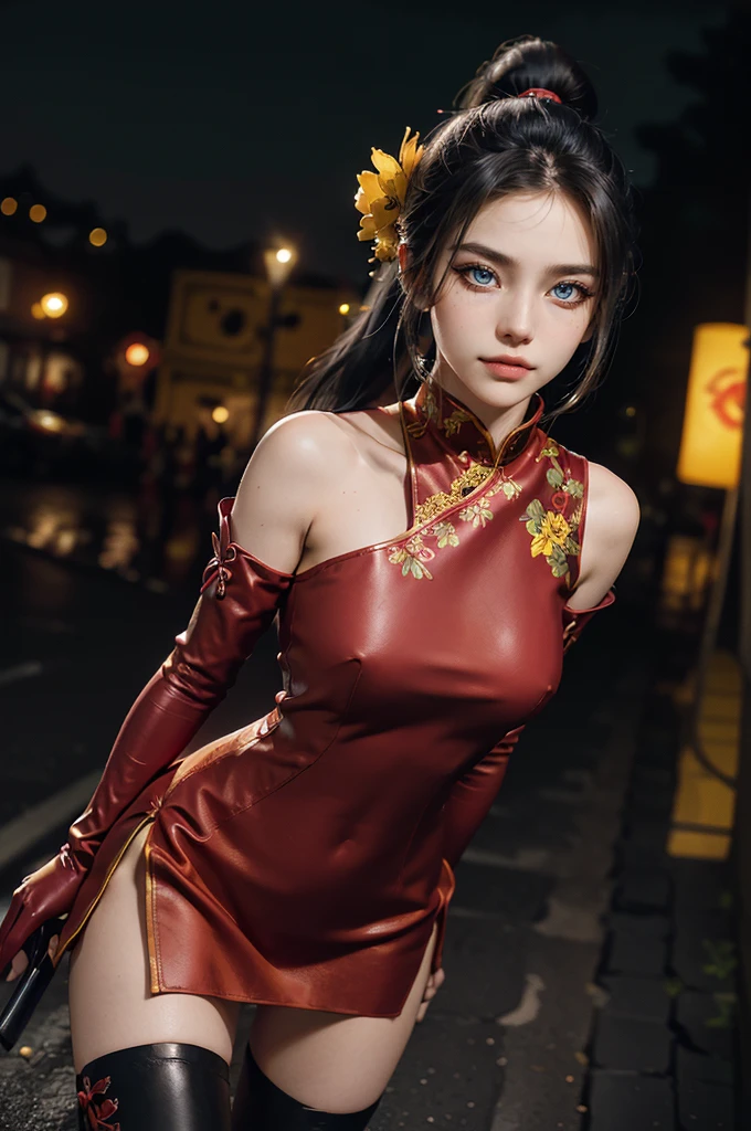 (RAW photo, best quality), (realistic, photo-realistic:1.3), best quality, highly detailed, masterpiece, ultra-detailed, illustration, Cute girl with short black hair, (ponytail), (city roof at night background), low light , green eyes , dark eyeliner, innocent smile, gorgeous face , super cute, 18 years old , young looking, hyper detailed face, dark eyeliner, (medium breast), (thin waist), (bare shoulders, (bare hips), red silk mini dress with yellow flower decoration, qipao, deep black leather thigh high boots, red silk long sleeve gloves with yellow flower decorations
