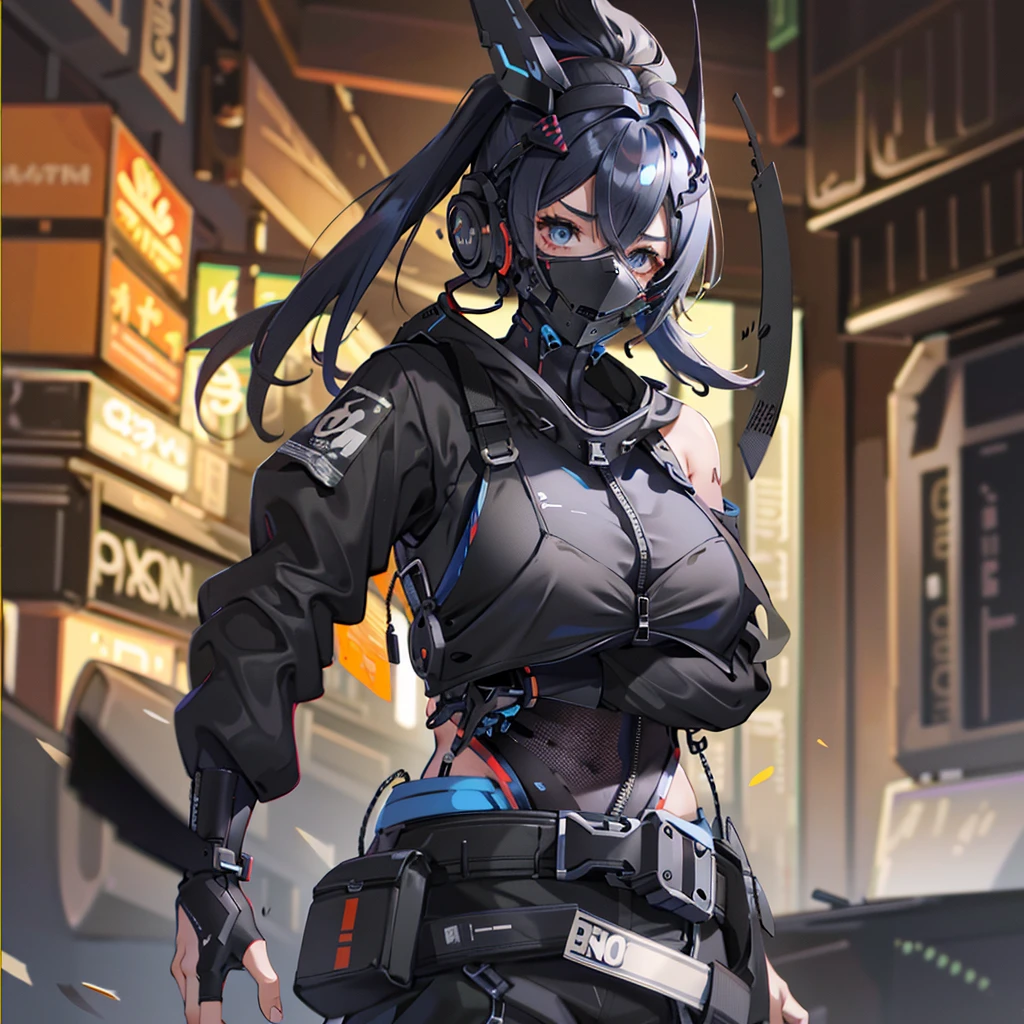 1girl, long blue twin tail hair, cyber helmet, covered face, black tank top, black cargo pants, mouth mask, covered mouth, Blur background, 8K, Hi-Res