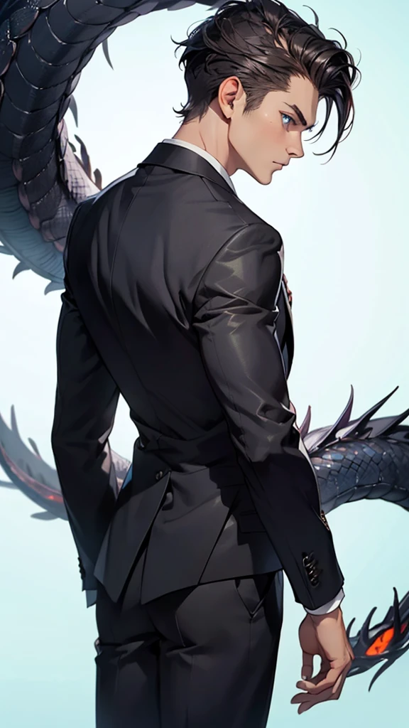 portrait. Half body.look back. A young man in a suit has his back to the camera. handsome,Dark portrait. 8K quality., Raw Work, (brown hair),(blue eyes), (Black suit), (background: great black dragon)