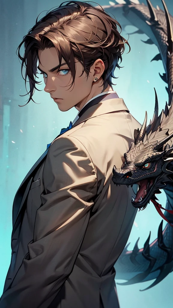 portrait. Half body.look back. A young man in a suit has his back to the camera. handsome,Dark portrait. 8K quality., Raw Work, (brown hair),(blue eyes), (Black suit), (background: great black dragon)