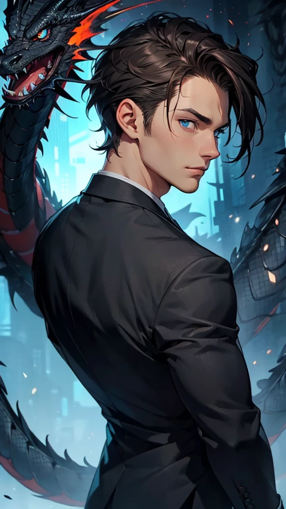 portrait. Half body.look back. A young man in a suit has his back to the camera. handsome,Dark portrait. 8K quality., Raw Work, (brown hair),(blue eyes), (Black suit), (background: great black dragon)