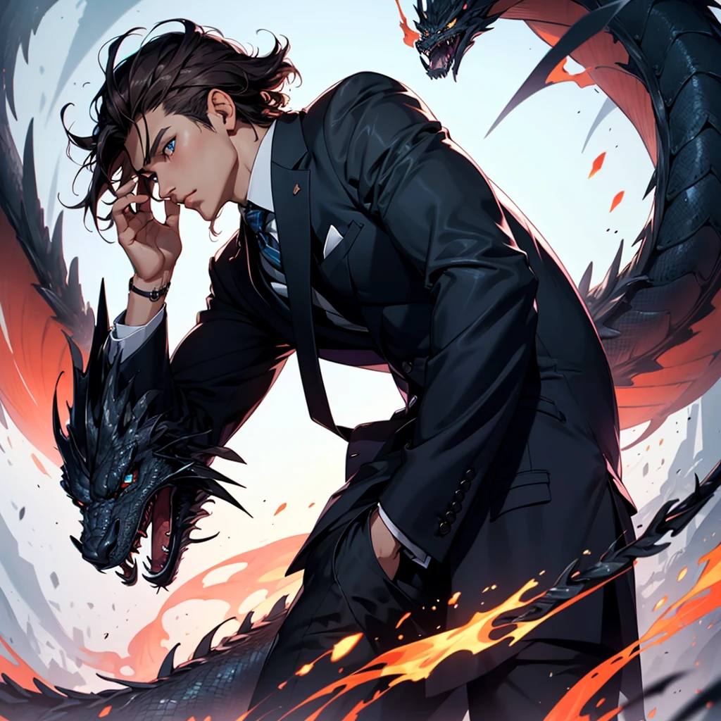 portrait. Half body.look back. A young man in a suit has his back to the camera. handsome,Dark portrait. 8K quality., Raw Work, (brown hair),(blue eyes), (Black suit), (background: great black dragon)