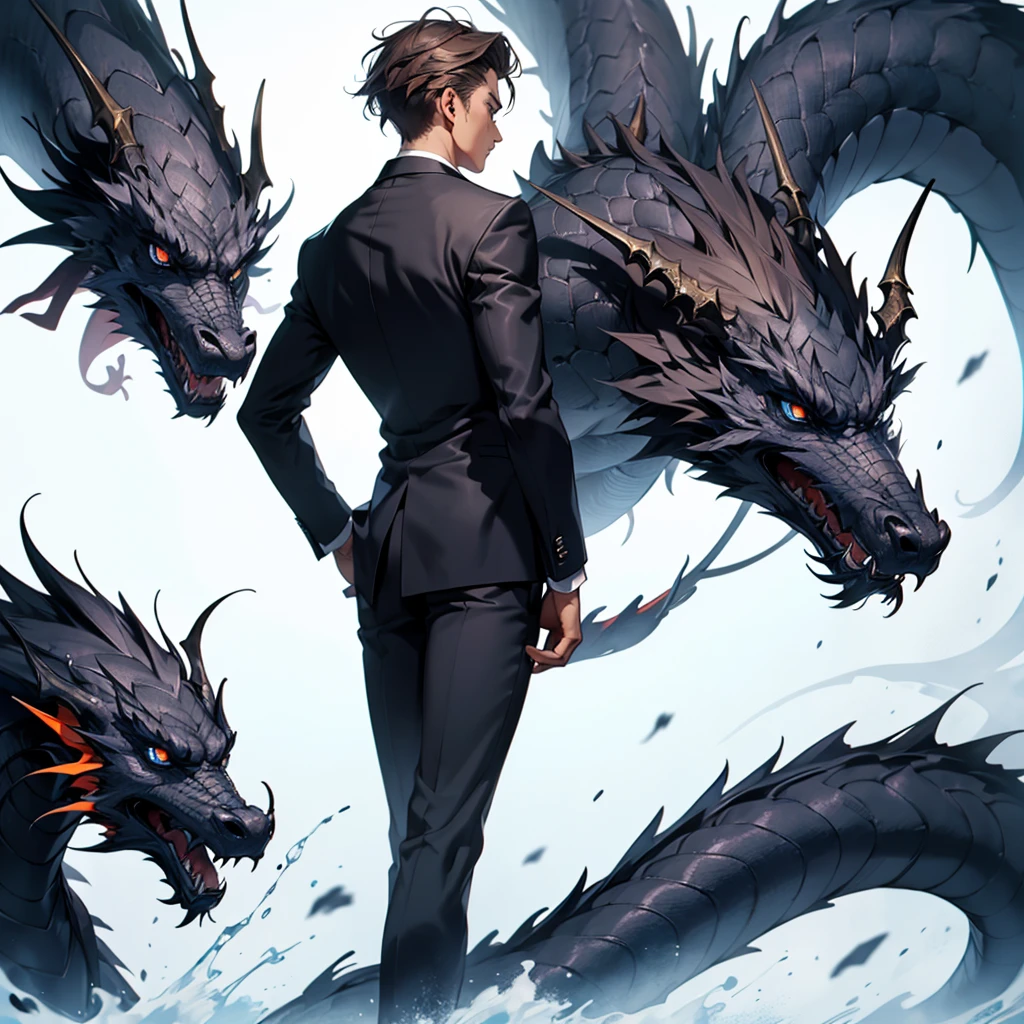 portrait. Half body.look back. A young man in a suit has his back to the camera. handsome,Dark portrait. 8K quality., Raw Work, (brown hair),(blue eyes), (Black suit), (background: great black dragon)