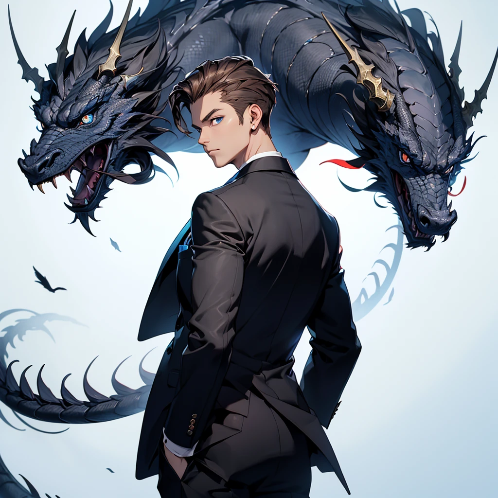 portrait. Half body.look back. A young man in a suit has his back to the camera. handsome,Dark portrait. 8K quality., Raw Work, (brown hair),(blue eyes), (Black suit), (background: great black dragon)